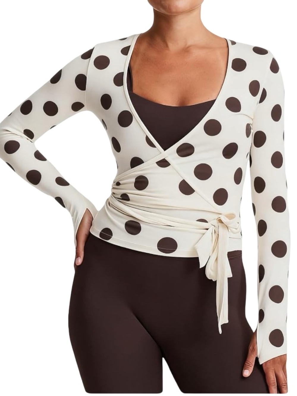🟤🟤🟤 Polka Dot Tie-Front Satin‎ Top - Brown on Cream Wrap yoga top